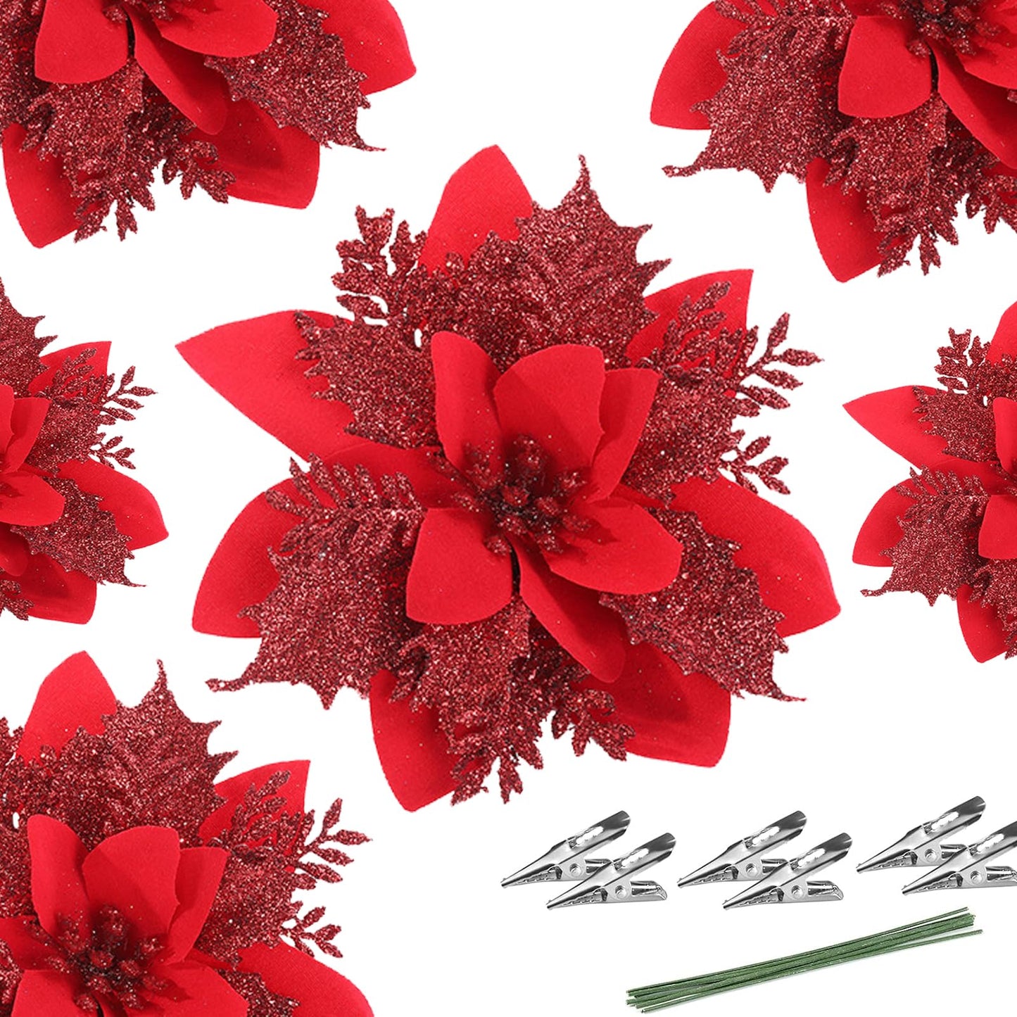 24 Artificial Red Poinsettia Flower Clips with Stems,Red Christmas Ornaments for Tree Decoration with Clips Stems Fake Poinsettias Flowers Home Party Christmas Decor