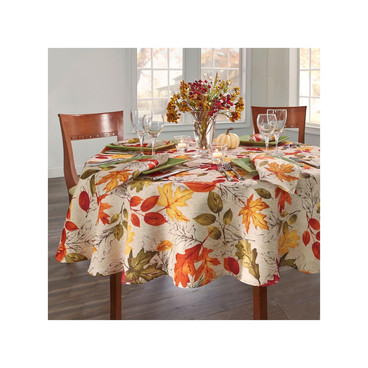 Elrene Home Fashions Autumn Leaves Fall Printed Wrinkle Resistant Tablecloth, Holiday Table Cover for Formal or Everyday Use, 70" Round