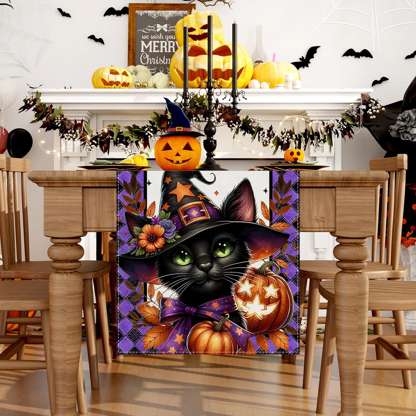 Pumpkins Bats Black Cat Halloween Table Runner 72 Inch Seasonal Fall Kitchen Dining Table Decorations for Home Party Decor