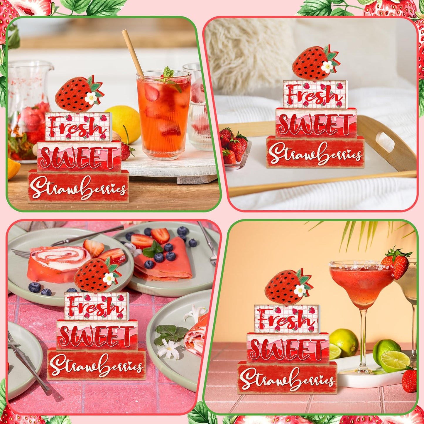 Britimes 4 Pcs Strawberry Decor Summer Wooden Tiered Tray Set, Strawberry Table Décor Farmhouse Rustic Wooden Coffee Table Centerpieces for Home kitchen Office Decorations (Strawberry Style)