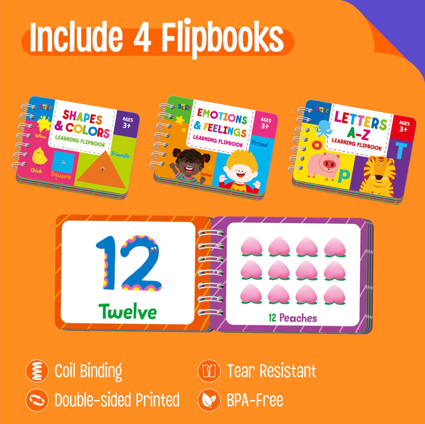 4 Preschool Learning Flipbooks, 96PCS Double Sided Printed Cards Set, Alphabet Letter A-Z, Number 1-20, Feelings and Emotions, Shapes and Colors Mini Board Books Set Early Educational Tool for Kids