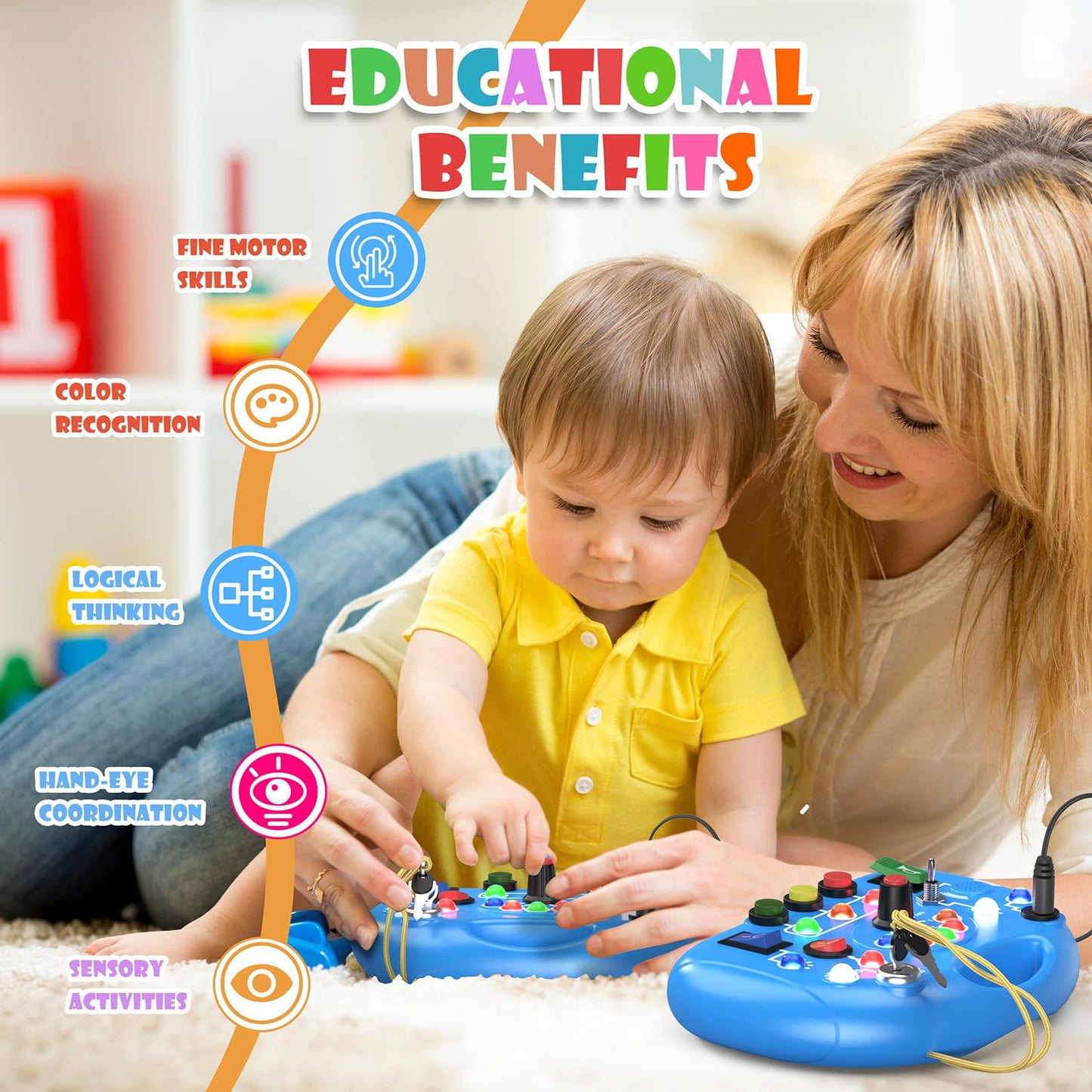 JIWORT Busy Board with LED Light, Montessori Busy Board for 1+ Year Old, Sensory Toys for Toddlers 1-3, Fidget Board Travel Toys for Kids Preschool Learning Activities Boys Birthday (Blue)