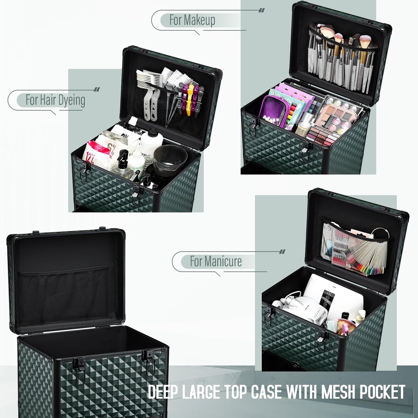 Yueieoun Salon Cart with 3 Drawers, Professional Trolley Cart for Beauty Salon, Rolling Train Case Makeup Organizer Case for Nail Tech (Dark Green)