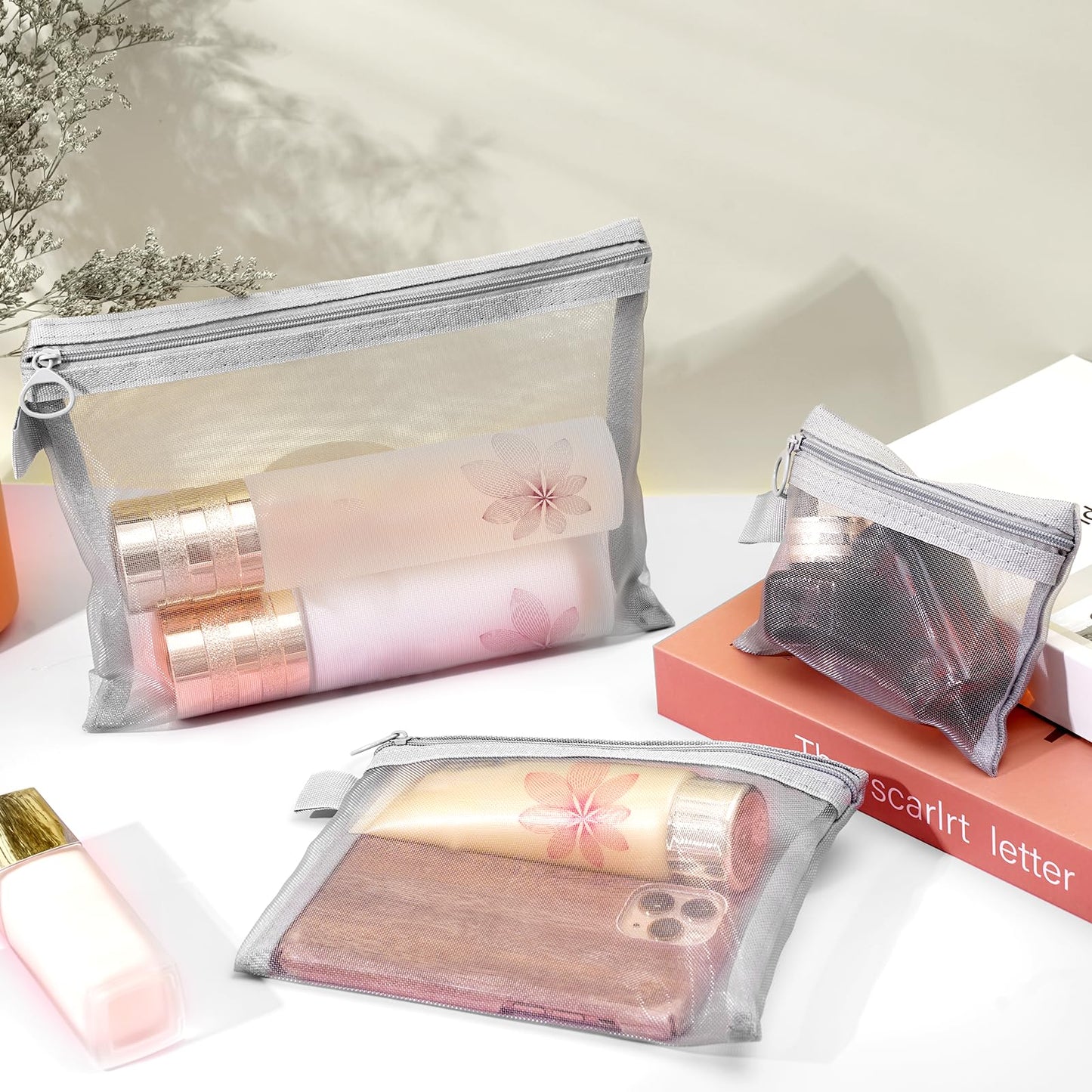 6 Pcs Mesh Cosmetic Bags with Zipper, Grey Mesh Zipper Pouch Bags, Purse Organizer Pouches, Small Mesh Zipper Pouch, Zipper Mesh Pouch Bags, Mesh Makeup Bag with Zipper, Small Mesh Bags with Zipper