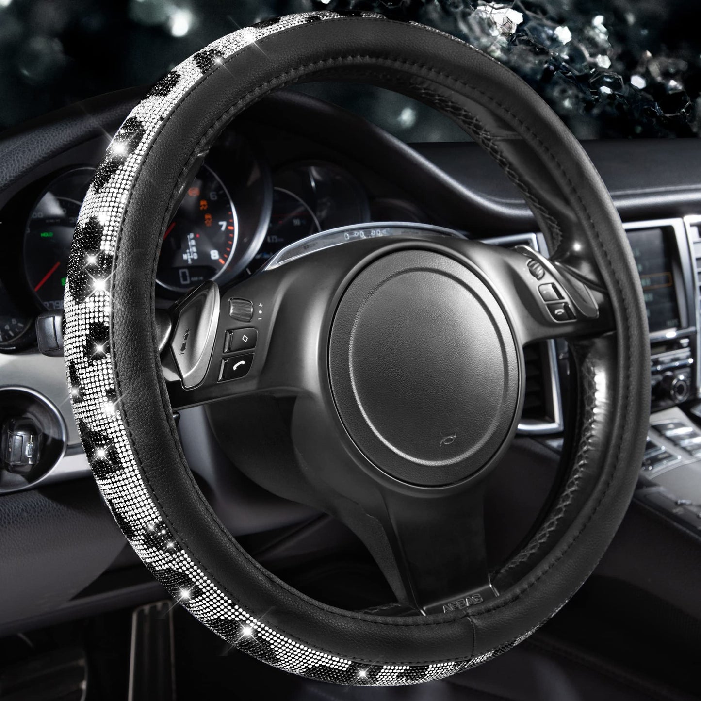 CAR PASS Bling Diamond Leather Steering Wheel Cover, with Bling Sparkly Crystal Glitter Rhinestones Universal Fit 14.5in-15in Car Wheel Protector for Women Girl Fit Suvs,Vans,Sedans,Car,Trucks, Silver