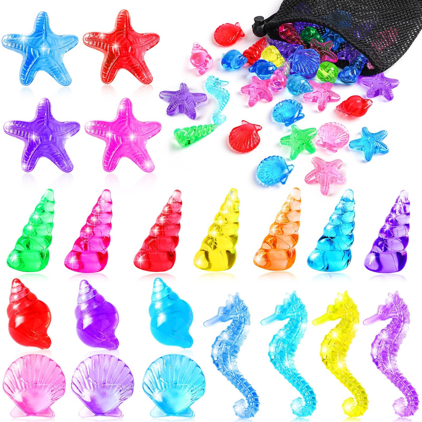 MARFOREVER 36 PCS Acrylic Seashells Dive Toys Shell Gems Pool Starfish Conch Scallop Gemstones Pirate Treasures for Beach Underwater Throw Game Toys Swimming Training Summer Mermaids Party Favors