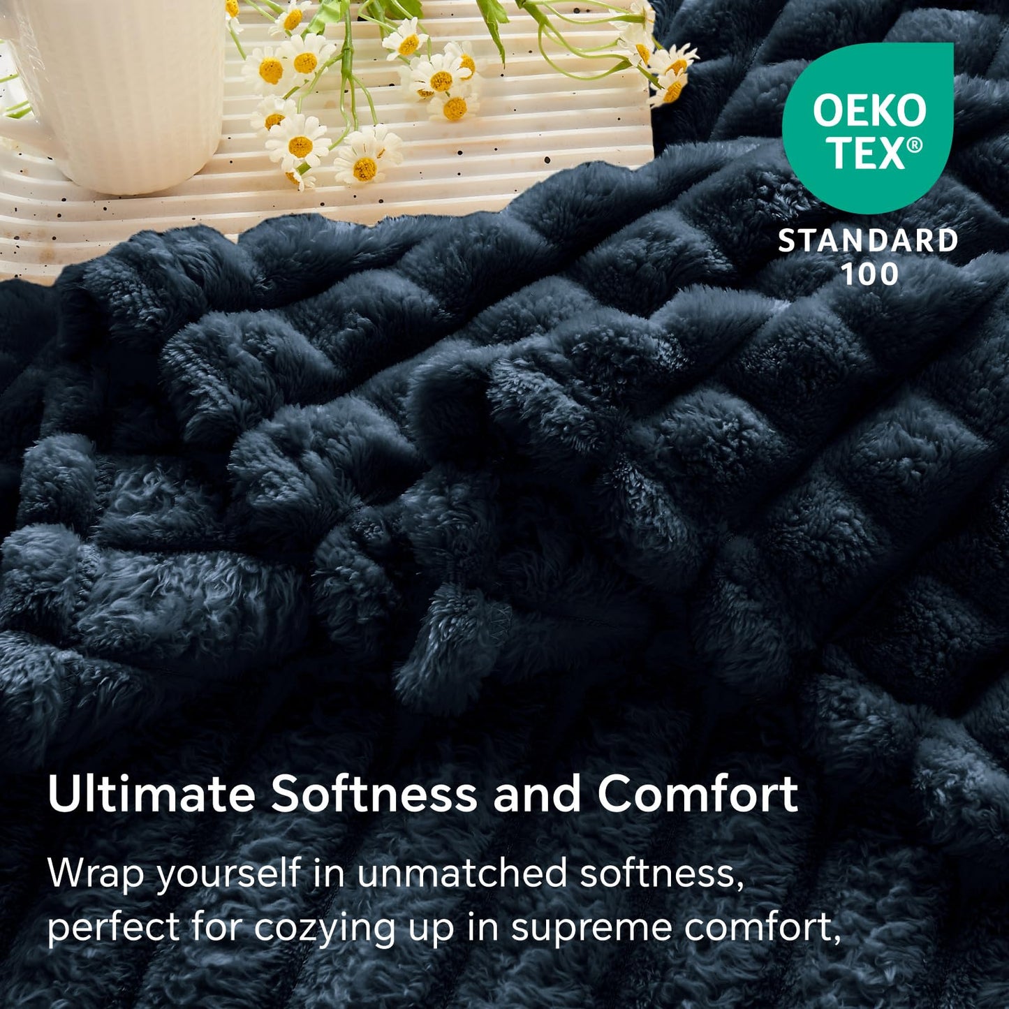 BEDELITE Navy Throw Blanket for Couch and Bed- Super Soft and Warm 3D Checkered Fluffy Fuzzy Fleece Blanket, Luxurious Plush Cozy Blanket for Room Decor Spring, 50x60 inches