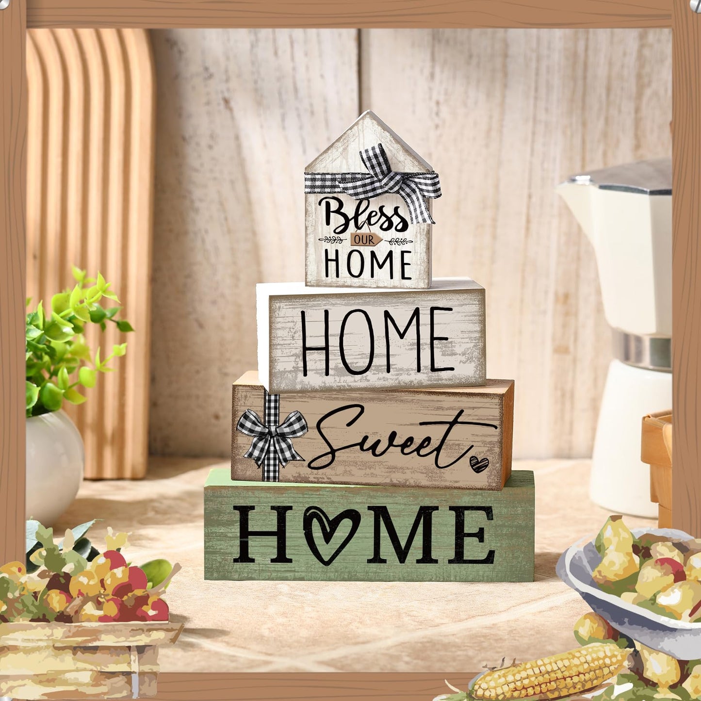 Moucuny 4 Pcs Wooden Farmhouse Tabletop Decor Rustic Home Tiered Tray Decor Decorative Highland CowEucalyptus Block Signs Gift Farmhouse Table Decoration for Kitchen Shelf(Home)