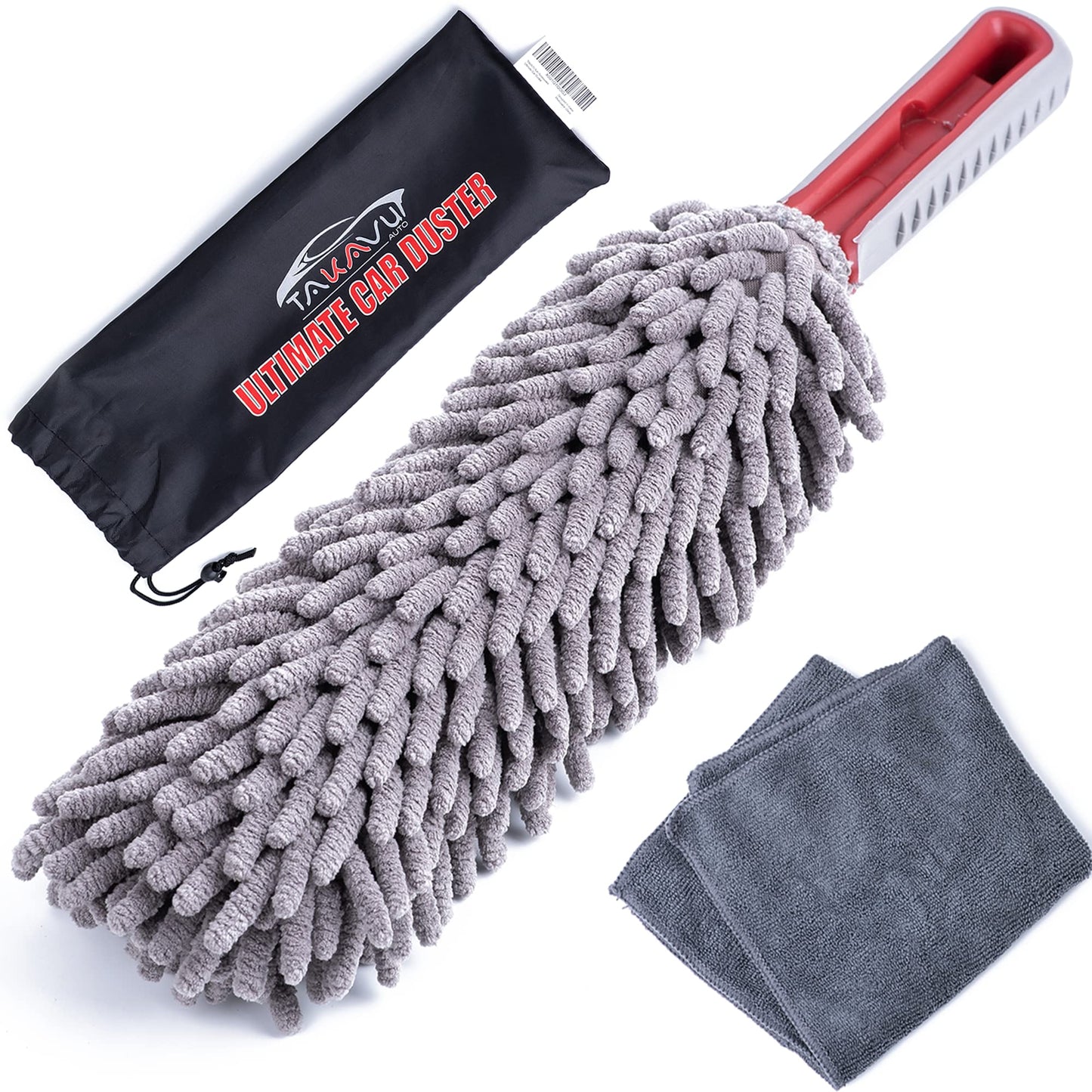 Car Duster Interior by TAKAVU, 360° Microfiber Fingers, Unbreakable Comfort Handle, Lint and Scratch Free, Include Microfiber Towel, for Car & Home Use, The Best Auto Accessories Gray