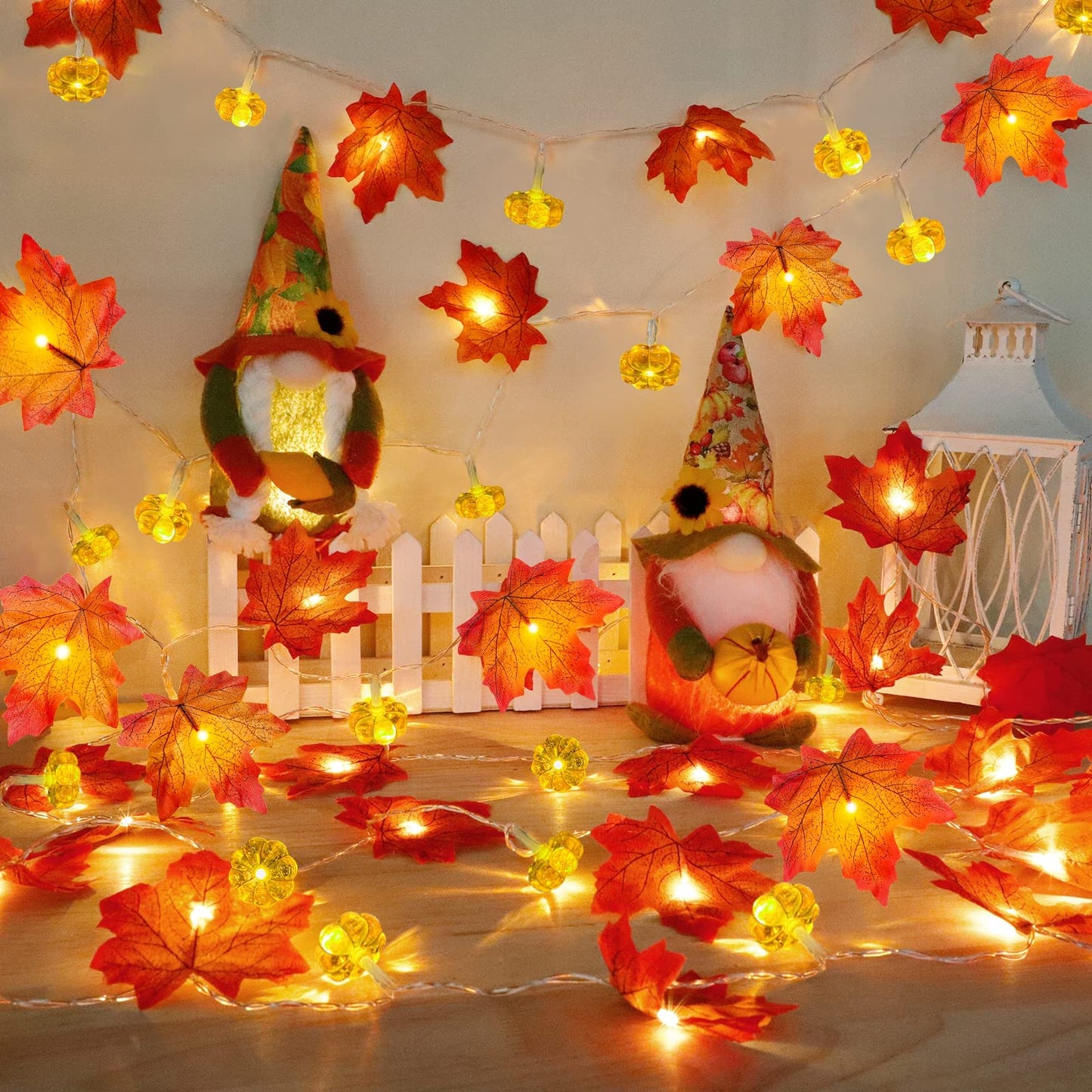 2 Pack & Timer - Fall Garland with Pumpkin Lights Fall Decorations for Home 60 LED 20 Ft Enlarged Maples Leaves Fall Lights Battery Operated Halloween Thanksgiving Indoor Porch Bedroom Wedding Decor