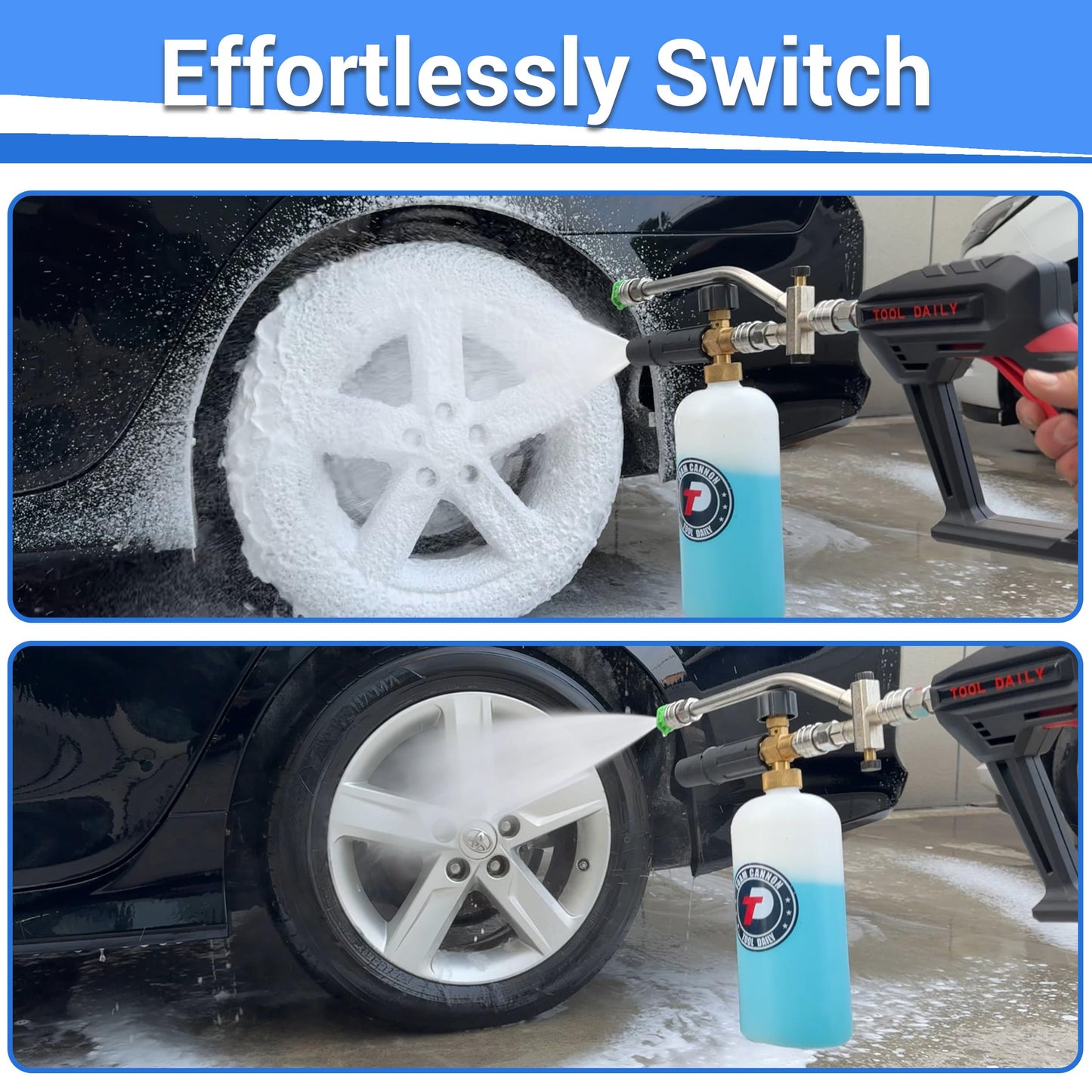 Tool Daily Short Pressure Washer Gun with Foam Cannon, Dual Connector Accessory, 1/4 Inch Quick Connect, 5 Spray Nozzle Tips, 1 Liter