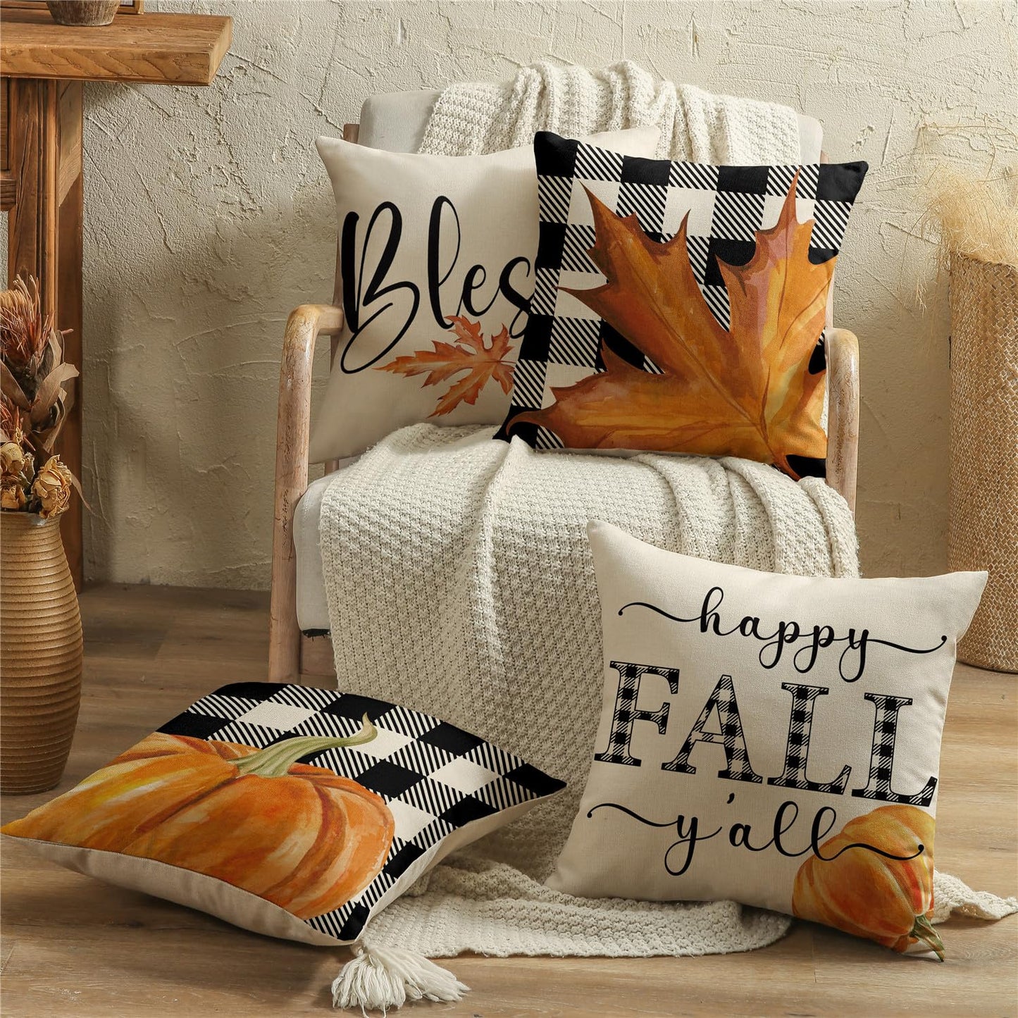 KISVODS Fall Pillow Covers 18x18 Thanksgiving Farmhouse Decorations Buffalo Plaid Pumpkin Maple Leaf Outdoor Fall Decor Throw Pillow Covers Blessed Autumn Harvest Cushion Case for Sofa Couch Set of 4