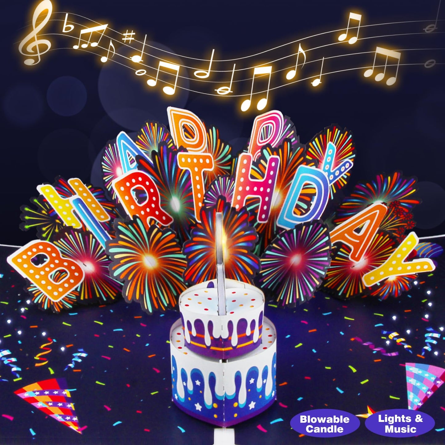 UPGRADED 3D Pop Up Firework Birthday Cards, Musical LED Lights Birthday Cards with Blowable Birthday Cake, Greeting Cards, Birthday Gifts for Mom Women Men Kids Child Dad Father Wife
