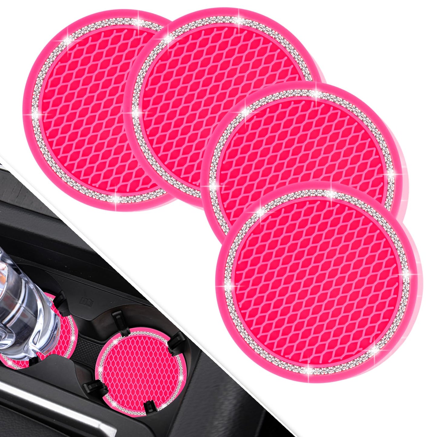 4 Pack Car Coasters, Universal Vehicle Bling Car Coaster, Cute Rhinestone Coaster for Cup Holders,Interior Accessories 2.75'' Silicone Anti Slip Car Coasters for Women (Pink Crystal Circle)