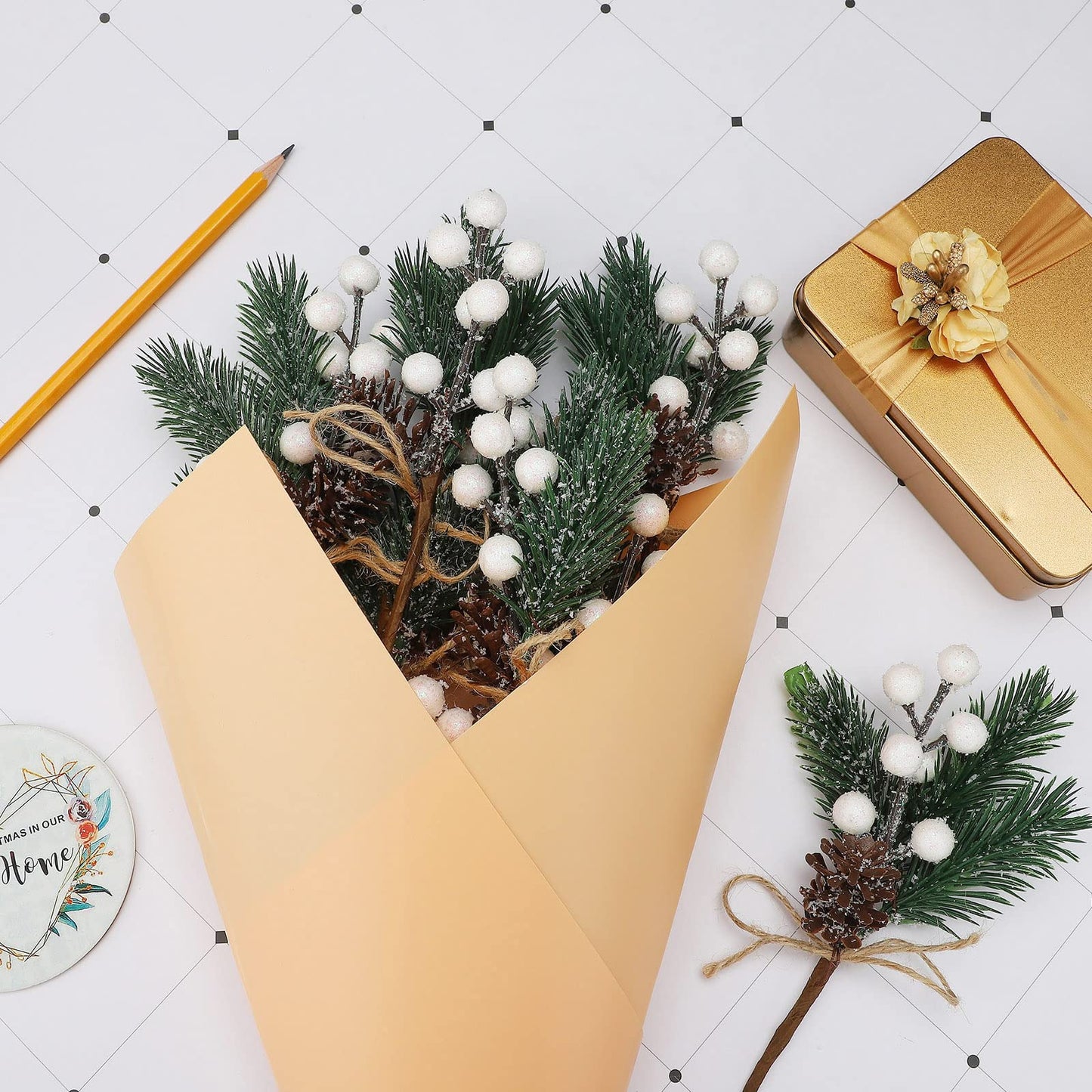 Artificial Red Berry Stems Pine Branches with Twine Bow,Christmas Pine Picks Fake Red Berry Wreath Picks, Christmas Trees Decoration Bouquets Garland Wreath Arrangements for Holiday Decor(10 Pack/red)