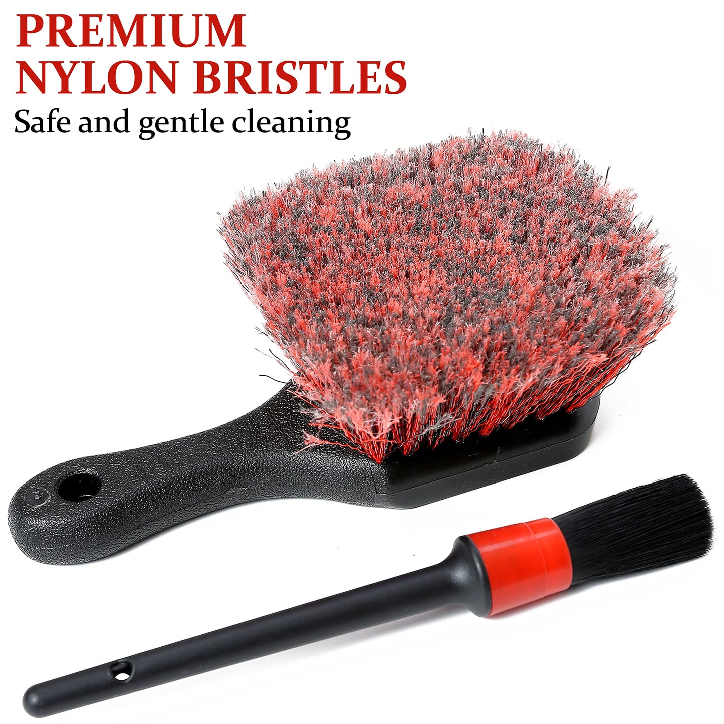 TAKAVU Wheel Tire Brush - Soft Bristle with Short Handle, Included Detailing Brush - Car Cleaning Kit for Rims, Tires, Interior Vents, Emblems - Scratch Safe