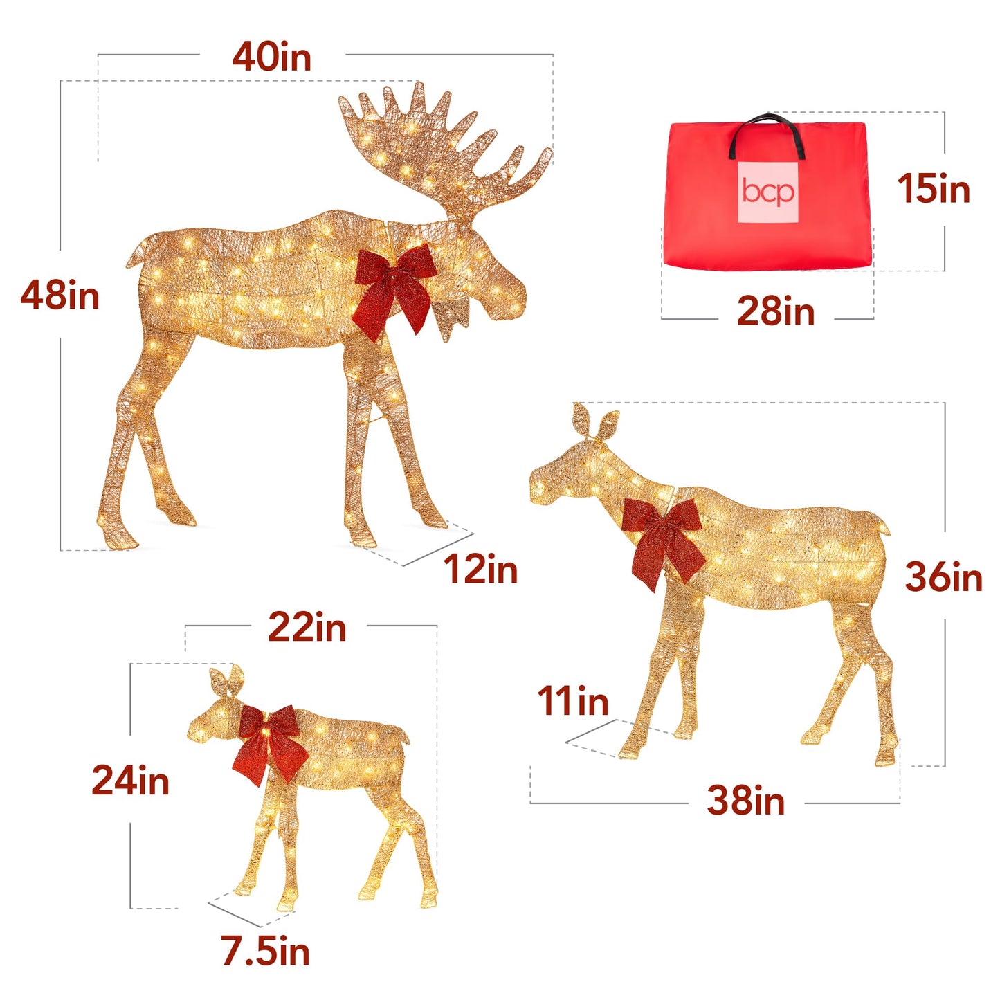 Best Choice Products 2D Moose Family Outdoor 3pc Christmas Yard Décor, 4ft Lighted Set Prelit All-Weather w/ 195 LEDs, Ground Stakes - Gold