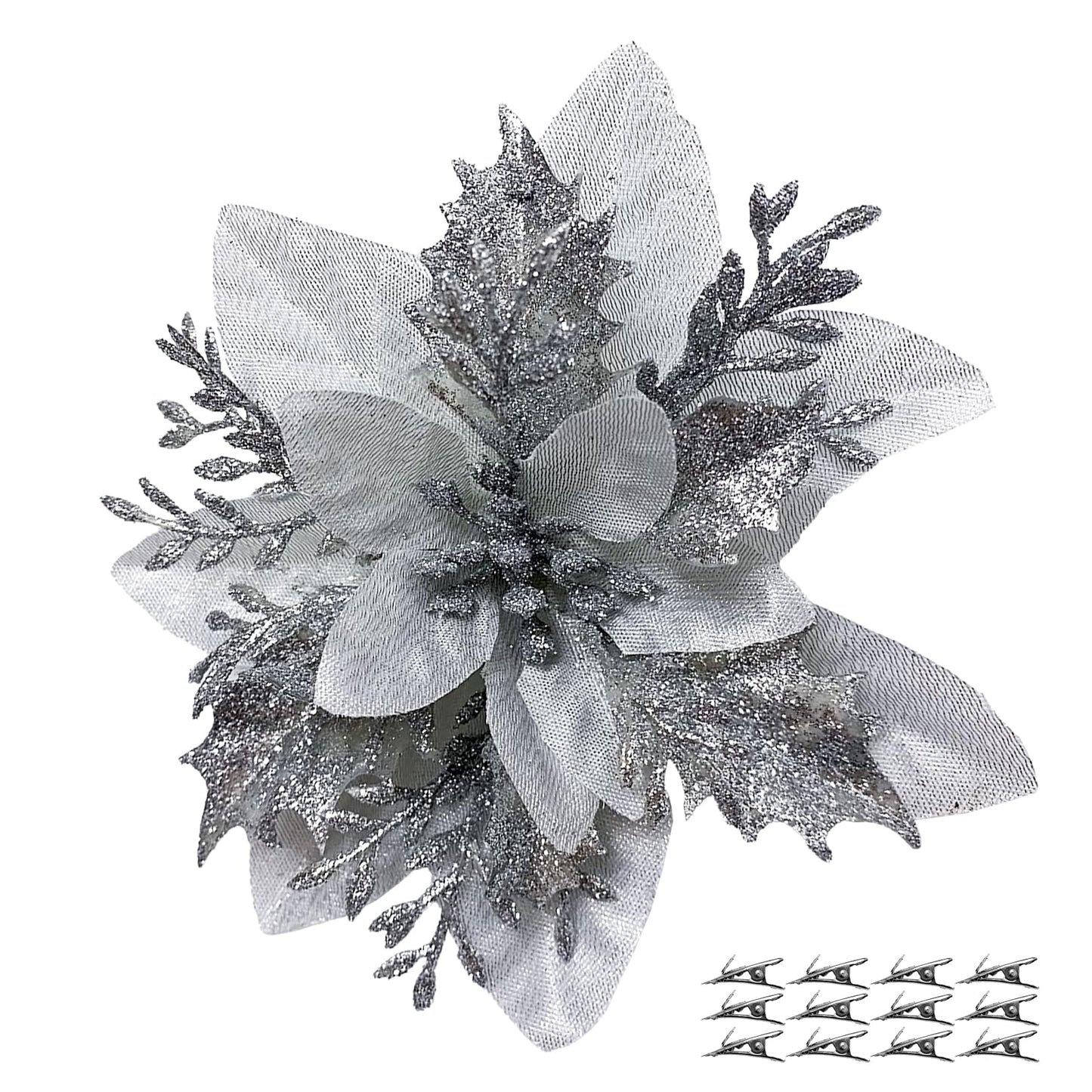 YUAGOLLE Christmas Artificial Poinsettia Flowers: 12pcs Silver Poinsettia With Clips Silk Glitter Picks Fake Floral, For Decorations, Xmas tree decor, Wreath Garland Bulk, Wedding, New Year ornaments.