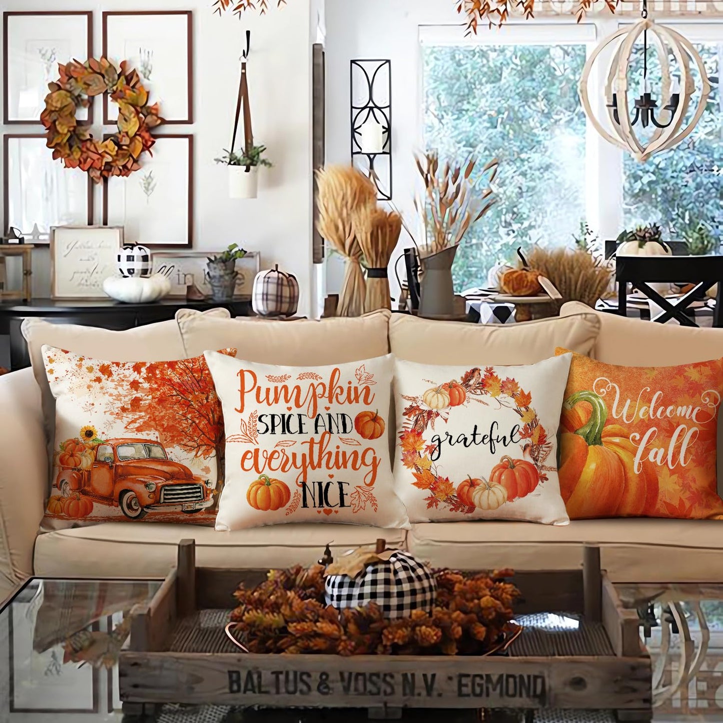 NIGHTWISH Fall Pillow Covers 18x18 Set of 4 Thanksgiving Farmhouse Decorations Orange Truck Pumpkin Outdoor Fall Decor Throw Pillow Covers Grateful Harvest Autumn Cushion Case for Sofa Couch