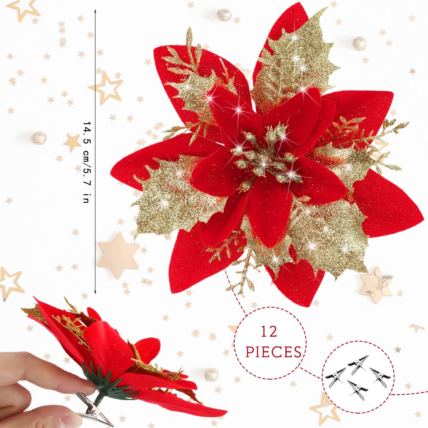 Canlierr 5.7 Inch Artificial Poinsettias Christmas Glitter Flowers with Clips Xmas Tree Flower Ornament Poinsettias Decor (Red Golden,12 Pieces)