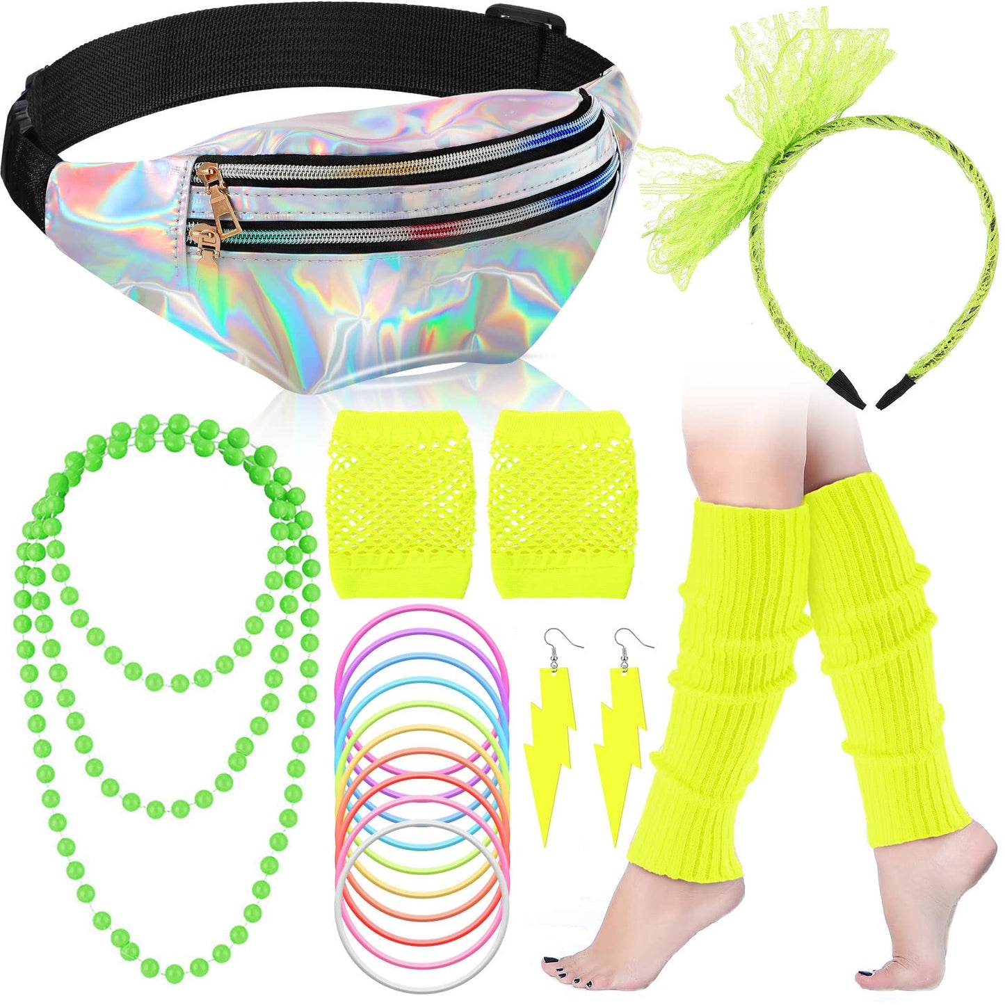 Handepo 19 Pcs 80s Costume Accessories Holographic Fanny Pack Leg Warmers Lace Headband Earrings Gloves Necklace Bracelet