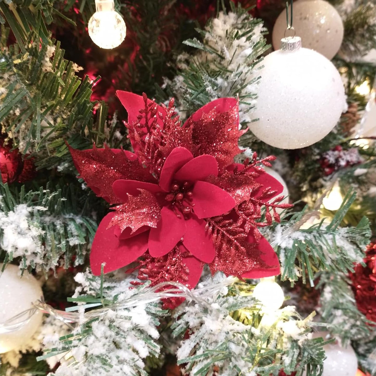 24 Artificial Red Poinsettia Flower Clips with Stems,Red Christmas Ornaments for Tree Decoration with Clips Stems Fake Poinsettias Flowers Home Party Christmas Decor