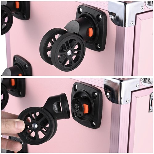 BYOOTIQUE Rolling Manicure Table Portable Nail Table Foldable Nail Desk Travel Makeup Train Case Cosmetic Trolley Storage Organizer with 4 Drawers Mirror & Speaker for Nail Tech Workstation Mua, Pink