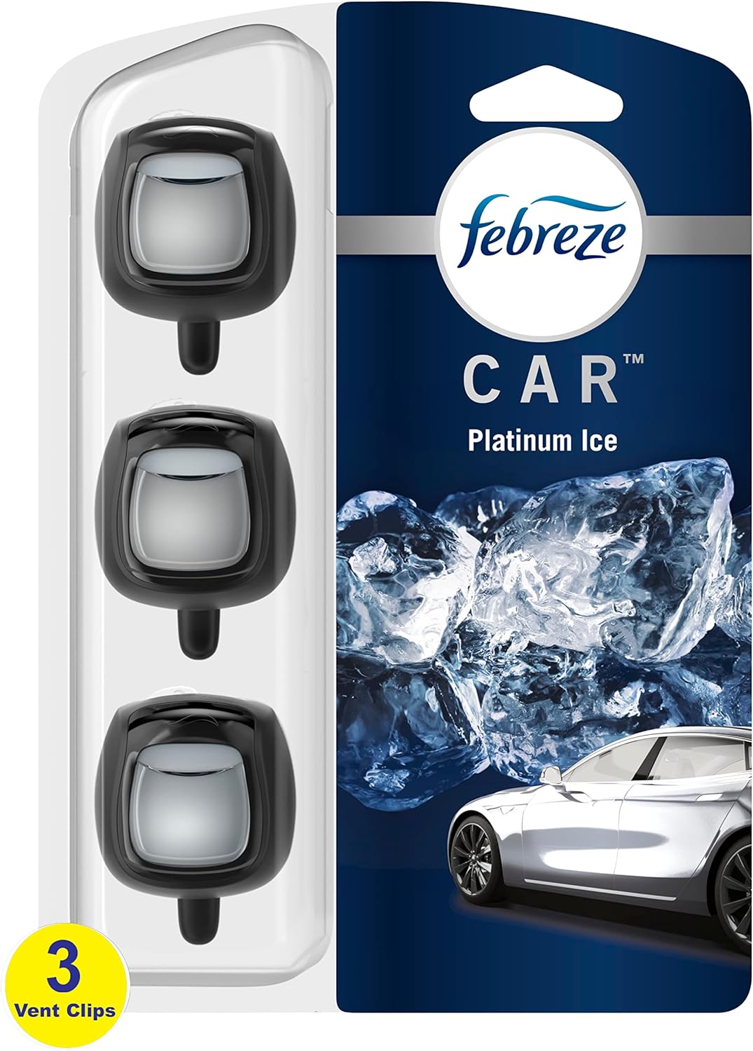 Febreze Car Air Freshener Vent Clip Platinum Ice Scent, .07 oz. Car Vent Clips, Pack of 3 and Stay-Fresh Storage Case