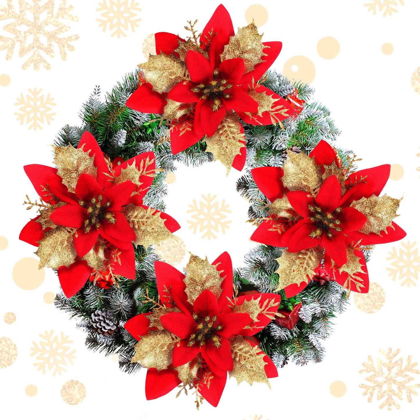 Canlierr 5.7 Inch Artificial Poinsettias Christmas Glitter Flowers with Clips Xmas Tree Flower Ornament Poinsettias Decor (Red Golden,12 Pieces)