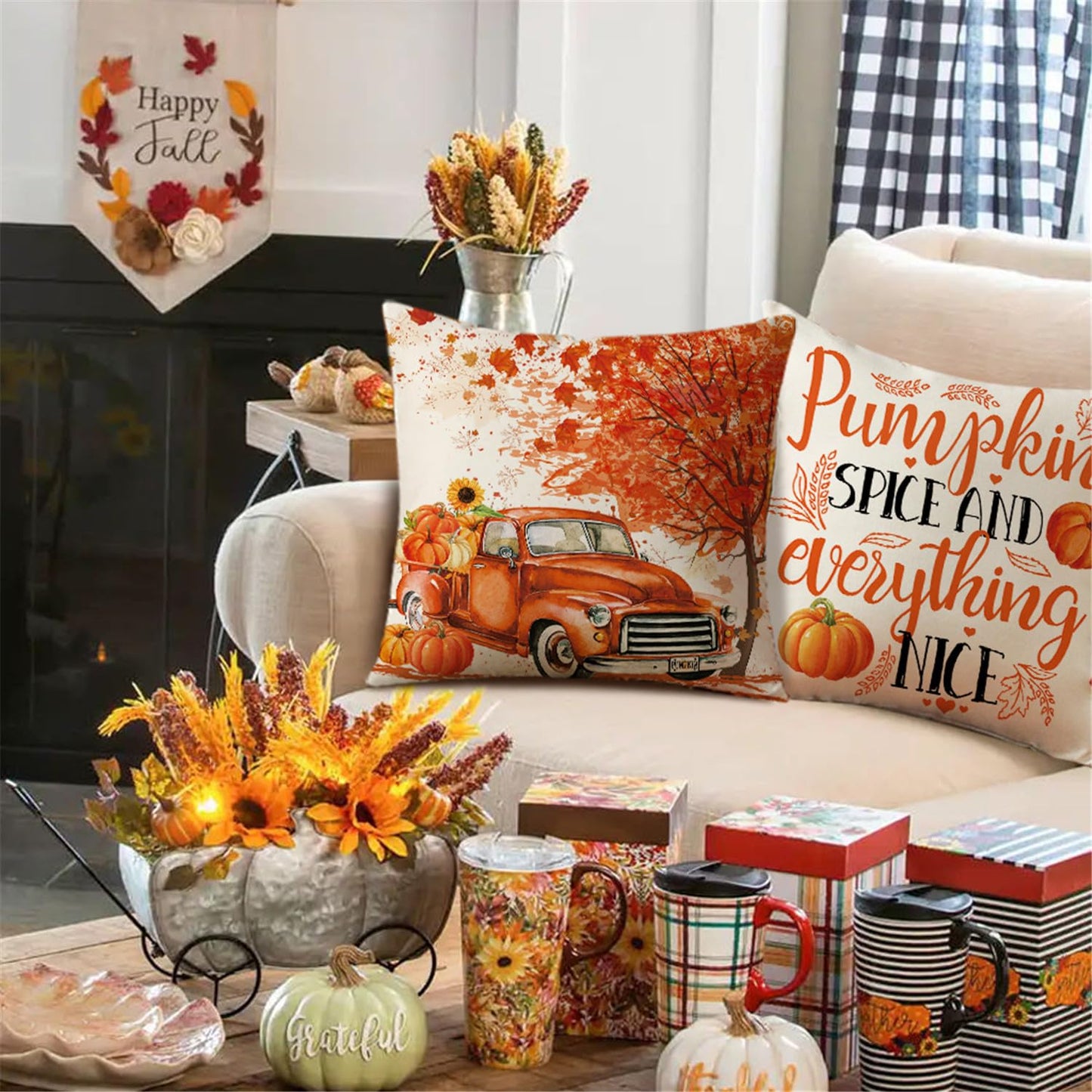 NIGHTWISH Fall Pillow Covers 18x18 Set of 4 Thanksgiving Farmhouse Decorations Orange Truck Pumpkin Outdoor Fall Decor Throw Pillow Covers Grateful Harvest Autumn Cushion Case for Sofa Couch