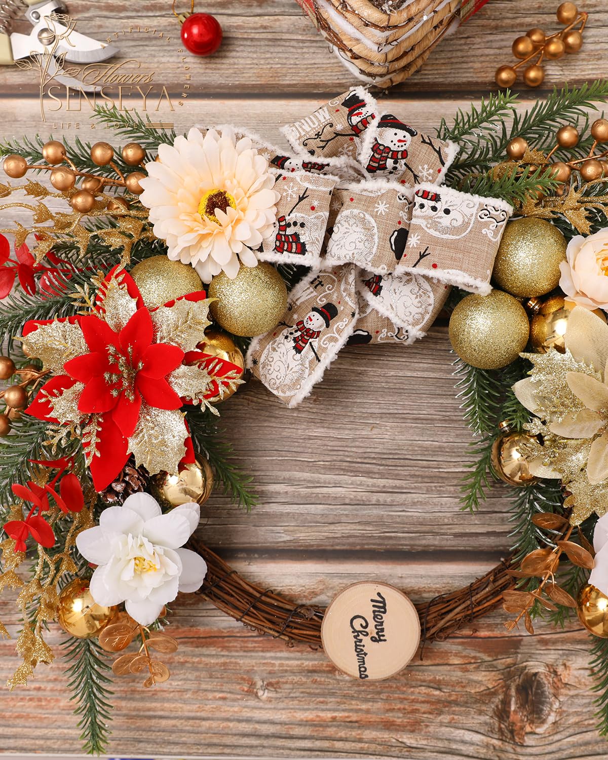 Senseya Artificial Christmas Flowers Poinsettia Combo Set, Mix Silk Flowers Fake Roses with Stems, for DIY Tree Ornaments Xmas Wreath Floral Arrangements Centerpieces Home Christmas Decorations