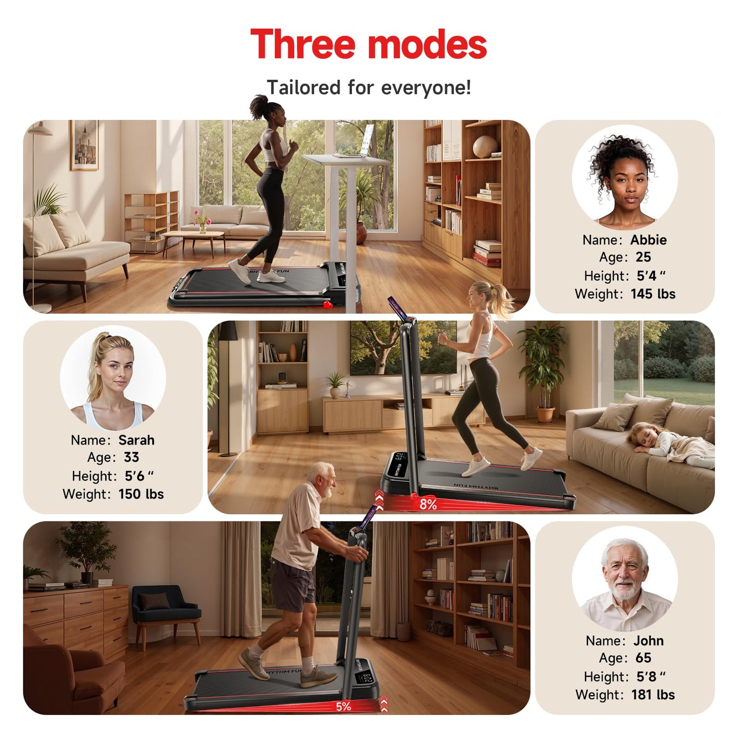 RHYTHM FUN Incline Foldable Treadmill, Walking Pad Treadmill with Incline, 300 lbs Portable Treadmills with Handles for Home Office Use, Under Desk Compact Walking pad with LED Display & APP