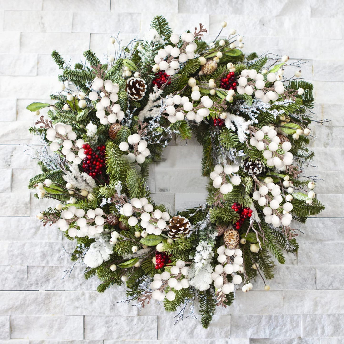 Fangoo 24 Pack Glitter White Stems,Artificial Glitter White Berry Picks Holly Red Berries Branches Christmas Berry Stem Picks for Christmas Tree Wedding Holiday Season Winter Home Decoration(19 CM)