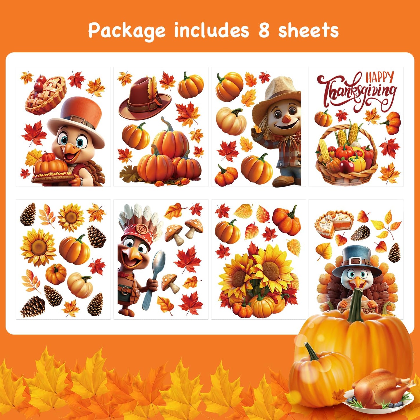 LOKIPA 3D Thanksgiving Window Stickers, 8 Sheets Thanksgiving Window Clings Double Sided Window Decals for Thanksgiving Window Decorations, Yellow