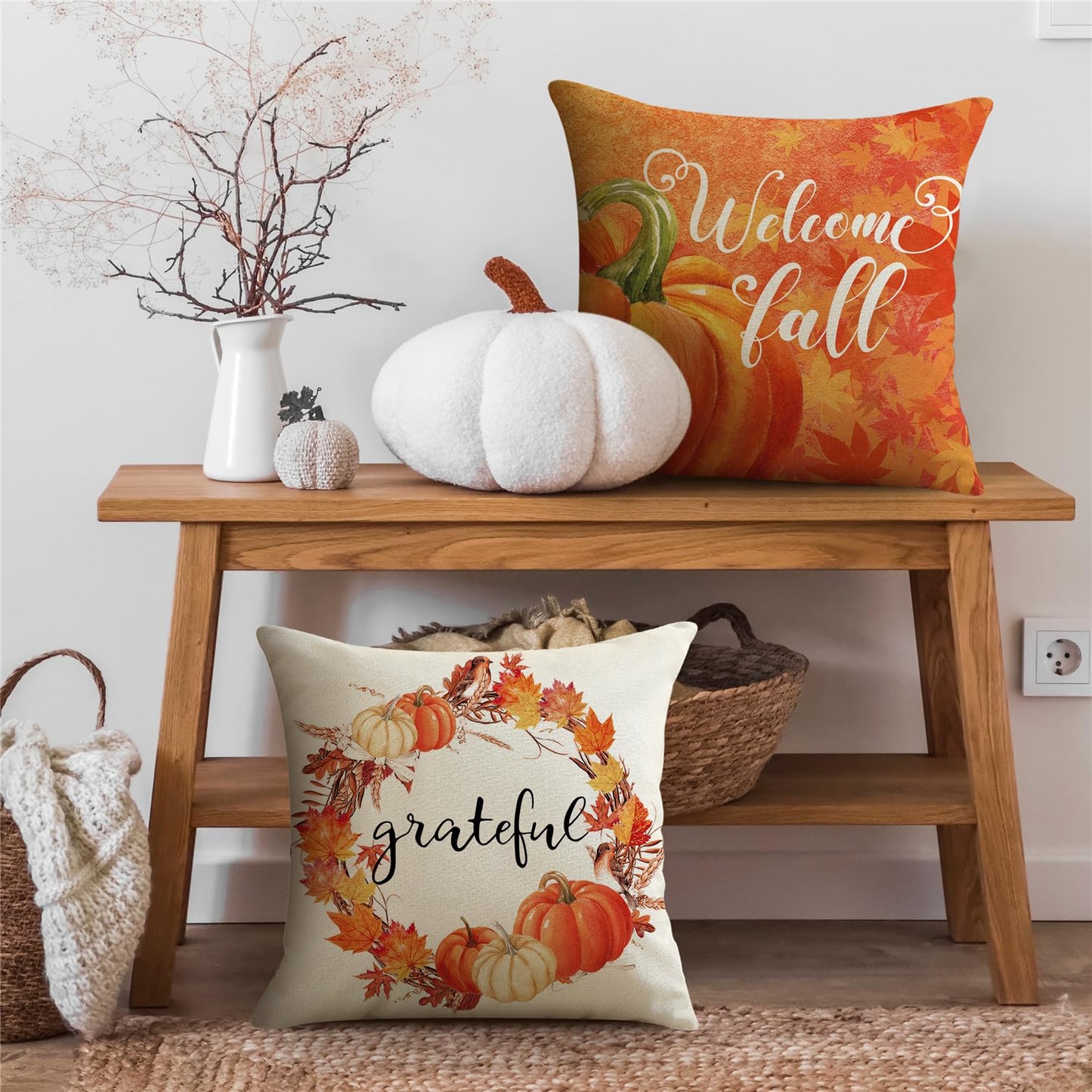 NIGHTWISH Fall Pillow Covers 18x18 Set of 4 Thanksgiving Farmhouse Decorations Orange Truck Pumpkin Outdoor Fall Decor Throw Pillow Covers Grateful Harvest Autumn Cushion Case for Sofa Couch