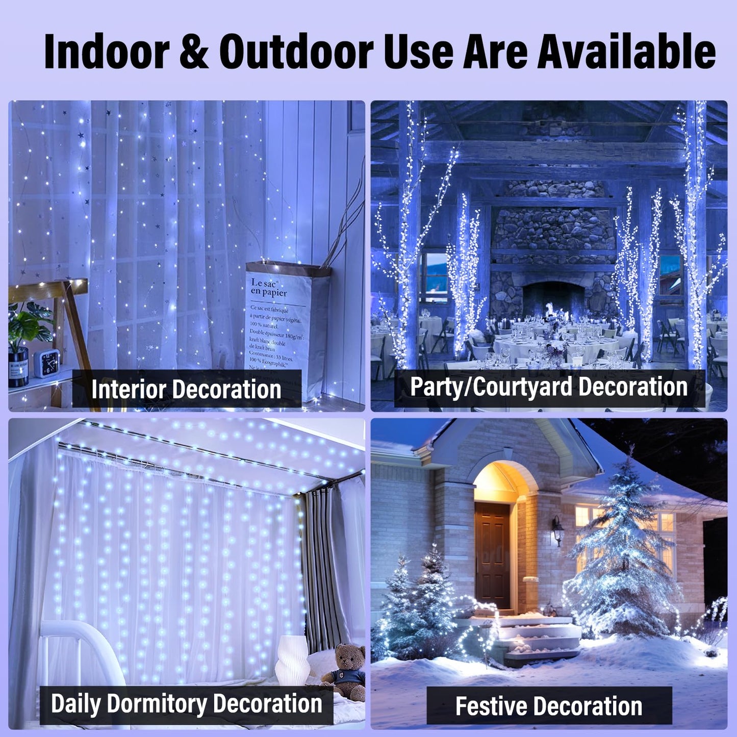 DOVORSY 2 Pc 300 LED Fairy Curtain Light,9.8x9.8Ft Cold White USB Plug in 8 Modes Christmas String Waterproof Lights for Bedroom,Wedding,Party,Garden,Outdoor&Indoor Wall Decorations Twinkle Lights