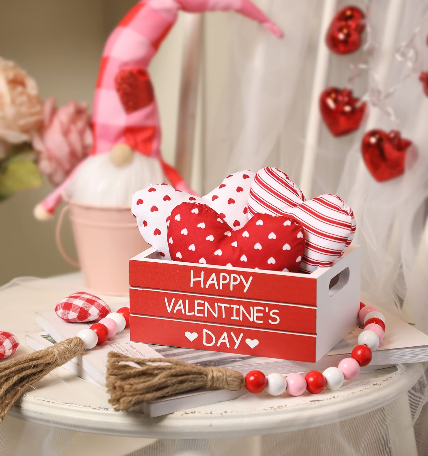 KORMMCO Valentine Decor Wooden Created with 3 PCS Fabric Heart, Valentines Table Centerpiece,Farmhouse Table Decor for Tiered Tray, Valentine's Home Kitchen Decor,Red