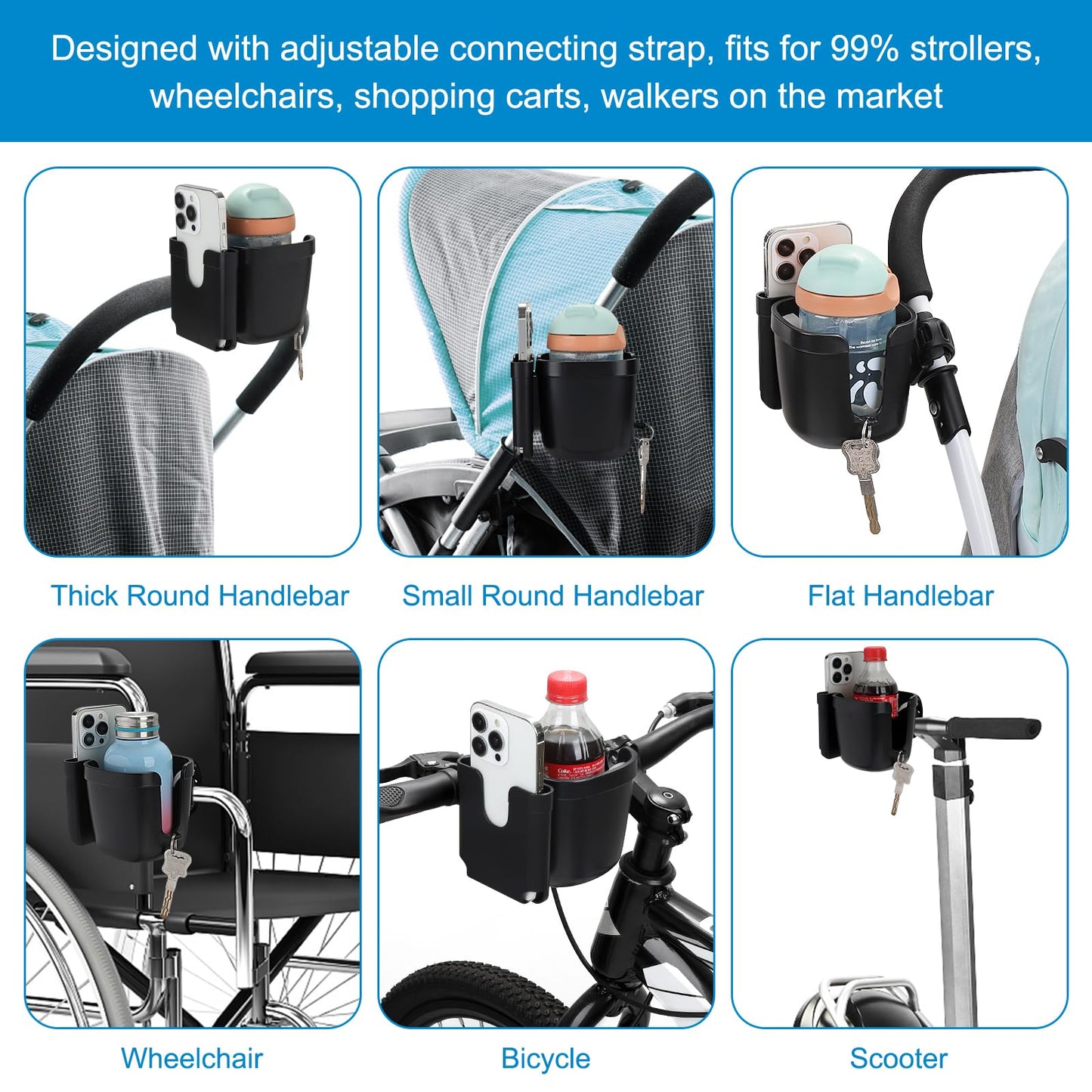 Accmor Stroller Cup Holder with Adjustable Strap, 360 Degree Rotatable Universal Cup Holder for Uppababy, Nuna, Doona Stroller, Drinks Holder for Wheelchair, Walker, Rollator