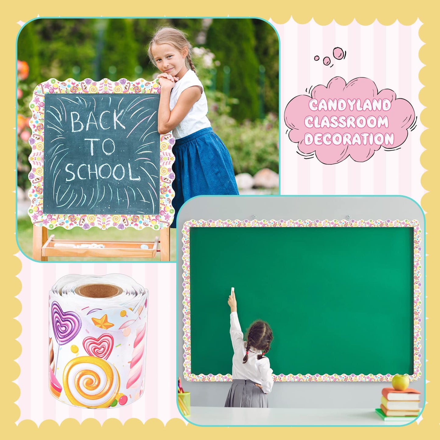 Outus 65.6ft Candyland Bulletin Board Border Lollipop Self Adhesive Scalloped Border Trims Sweet Themed Cutouts Bulletin Board for Classroom School Door Desk Supplies, Birthday Party Decorations