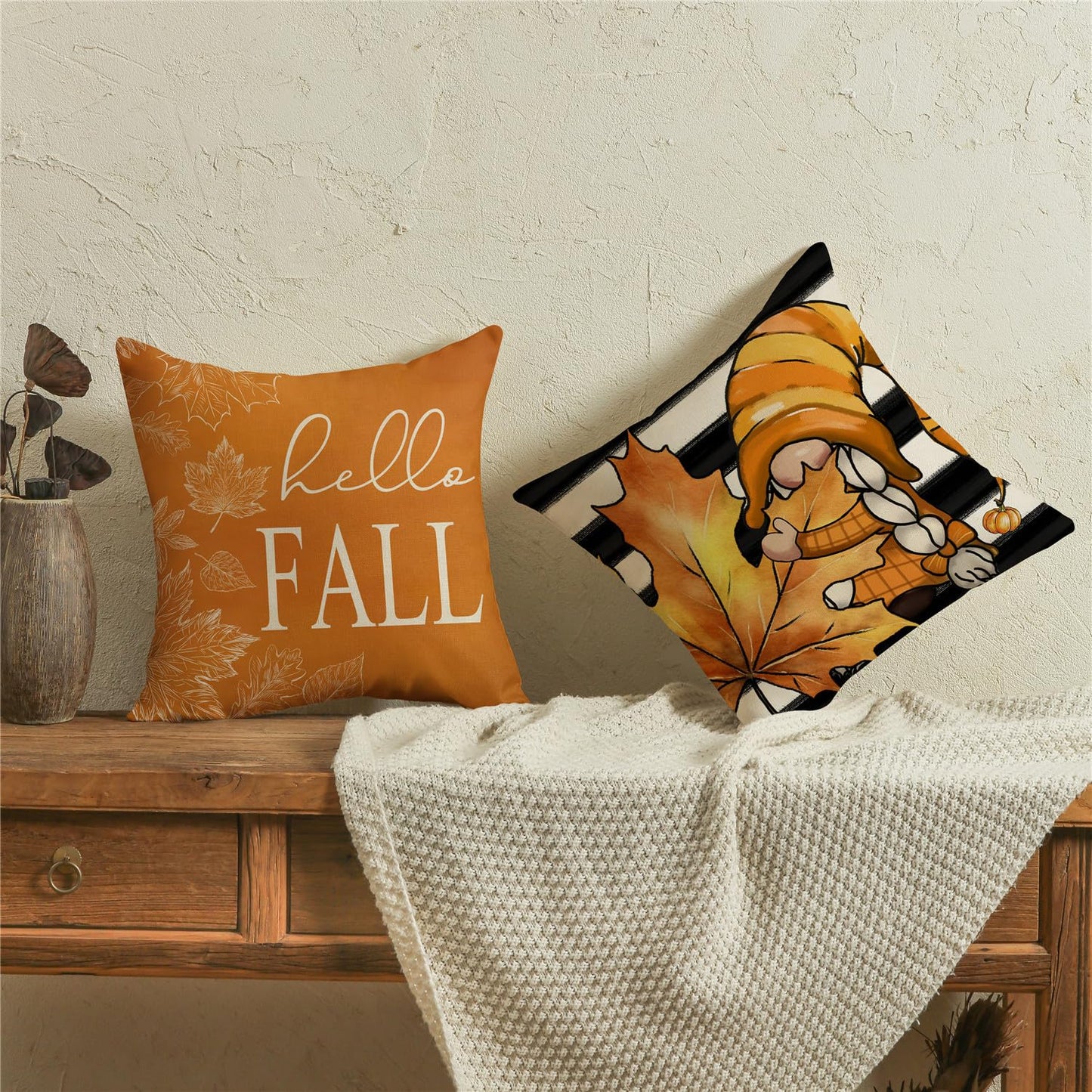 KISVODS Fall Pillow Covers 18x18 Thanksgiving Farmhouse Decorations Black Striped Maple Leaf Pumpkin Outdoor Fall Decor Throw Pillow Covers Gnomes Autumn Harvest Cushion Case for Sofa Couch Set of 4
