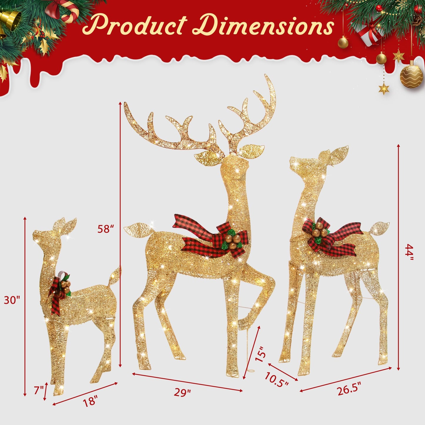 Large 3D Outdoor Christmas Reindeer Decoration Family Set - Gold Yellow Lighted Deer with 210 LED Lights for Patio, Lawn, Garden, Holiday Party