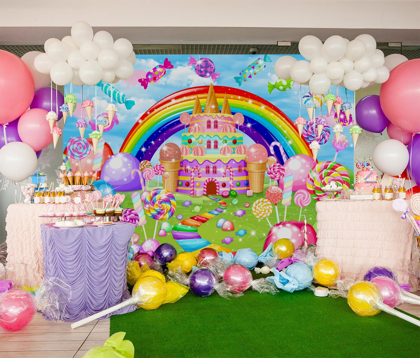Mocsicka Sweet Candyland Backdrop Lollipop Sweetest Candy Theme Birthday Party Decoration for Girl Candy Ice Cream Castle Rainbow Party Banner Sweetest Day Wall Decorations(82''x60'')