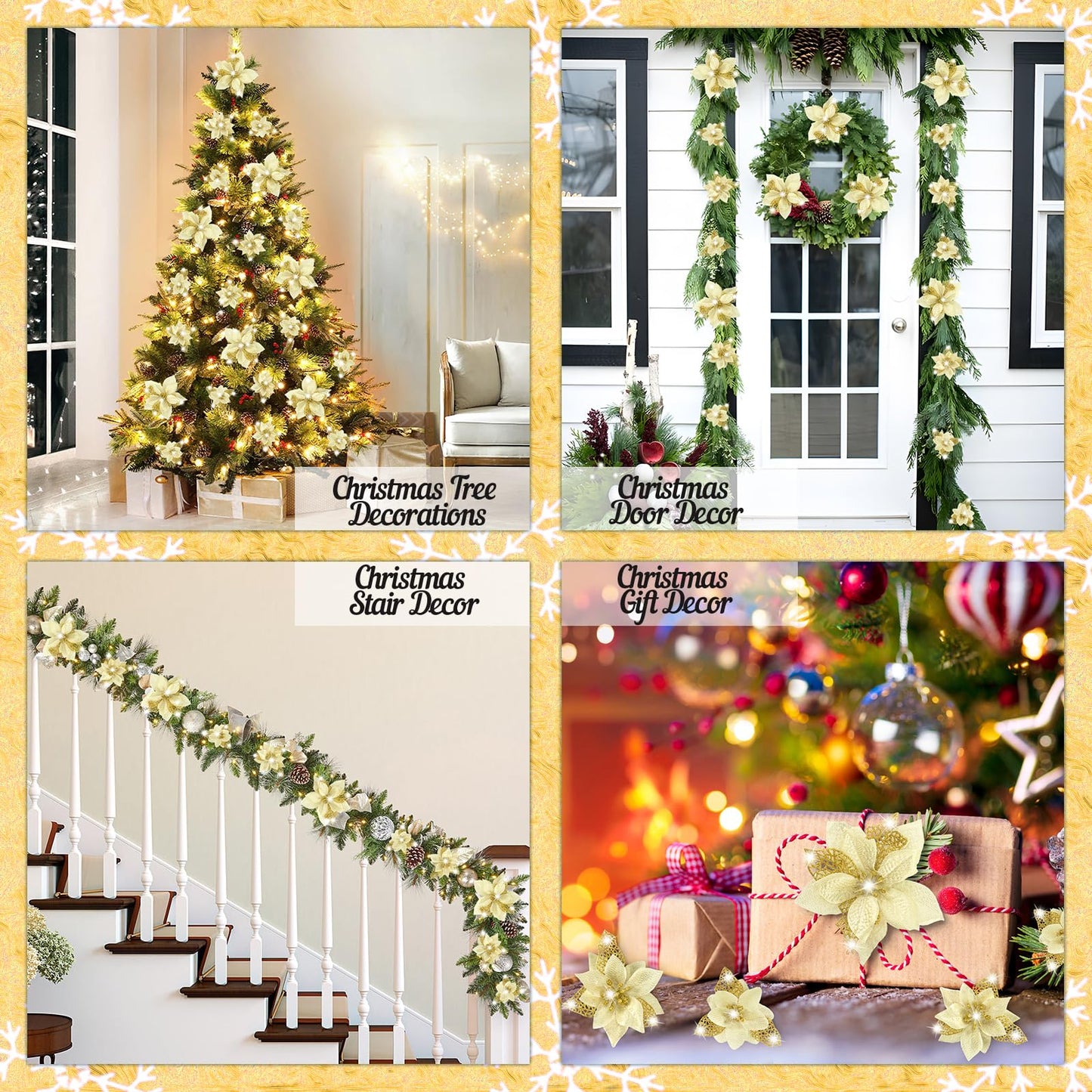 Geefuun 28PCS Christmas Tree Decorations: Poinsettias Artificial Flowers Ornaments Xmas Gold Glitter Flower with Clips