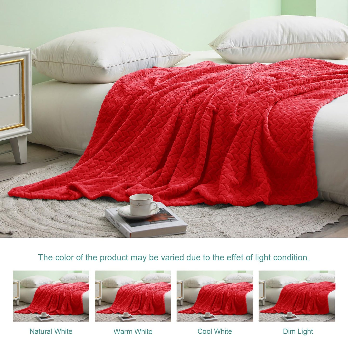 Exclusivo Mezcla Red Fleece Throw Blanket for Couch and Bed, 50x70 Inches Soft Cozy Jacquard Flannel Blankets, Lightweight Fuzzy Plush Warm Throws for All Seasons