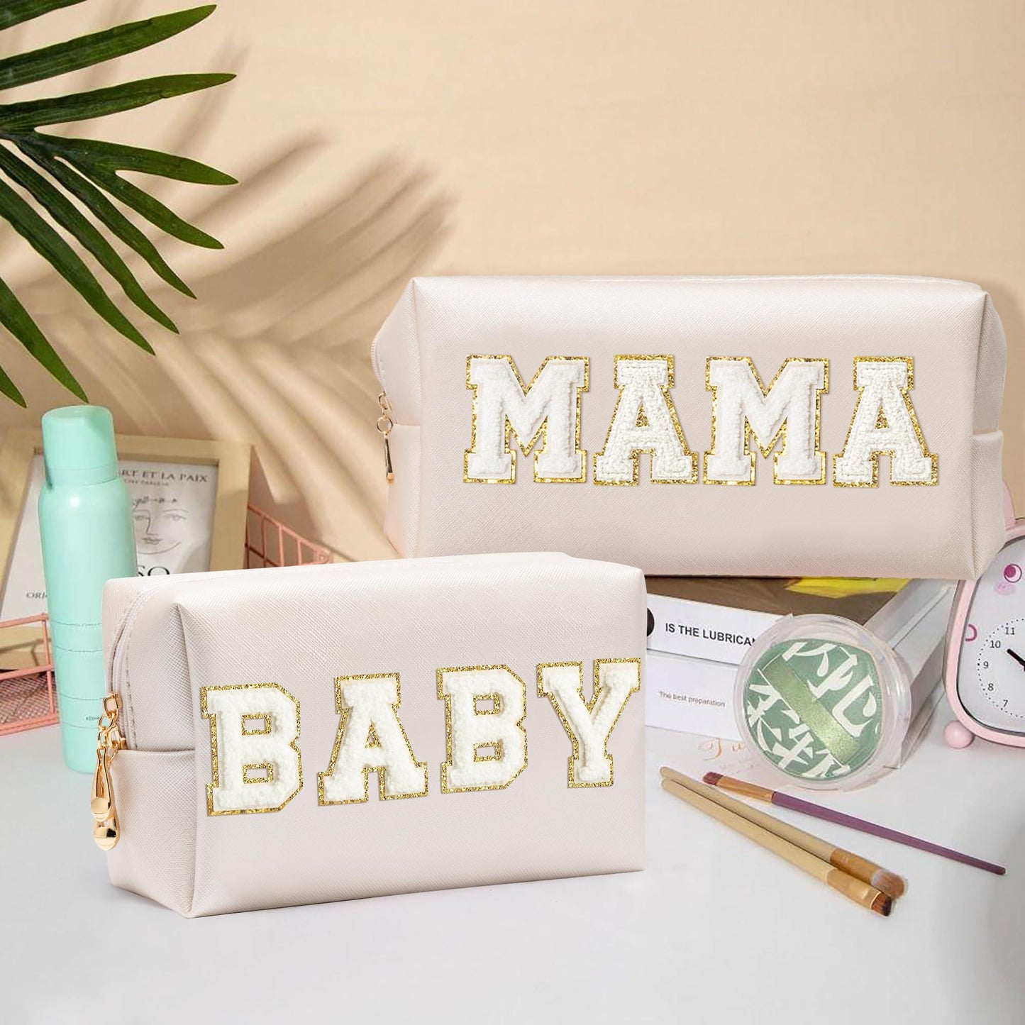 CY2SIDE MAMA Baby Letter Makeup Bag - 2PCS White MAMA and BABY Chenille Letter Patch Cosmetic Bag Pink PU Leather Patch Pouch Waterproof Portable Zipper Travel Organizer Case Xmas Gifts for Mom Women