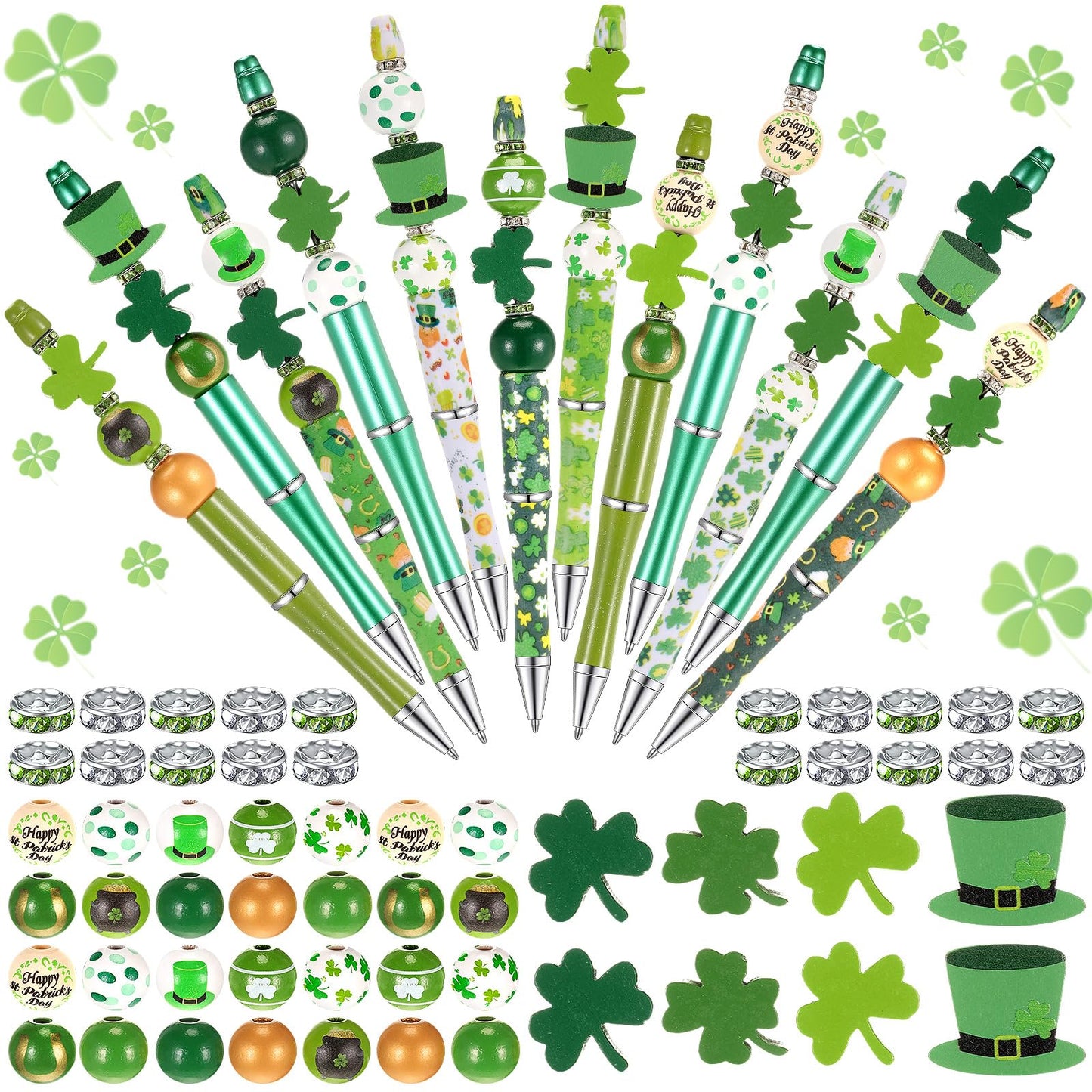 Geyee 12 Set Plastic Beadable Pens Assorted Bead Pens Crystal Wood Round Spacer Set Black Ink DIY Ballpoint for Women Men Gift Office Supplies