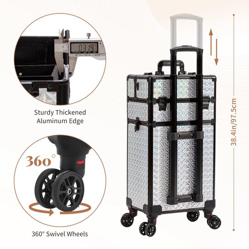 AROUS Rolling Makeup Train Case with Large Drawer, Multi-functional Cosmetic Trolley with 360° Swivel Wheels Keys, Large Storage Traveling Cart Trunk, Train Cases for Nail Technicians