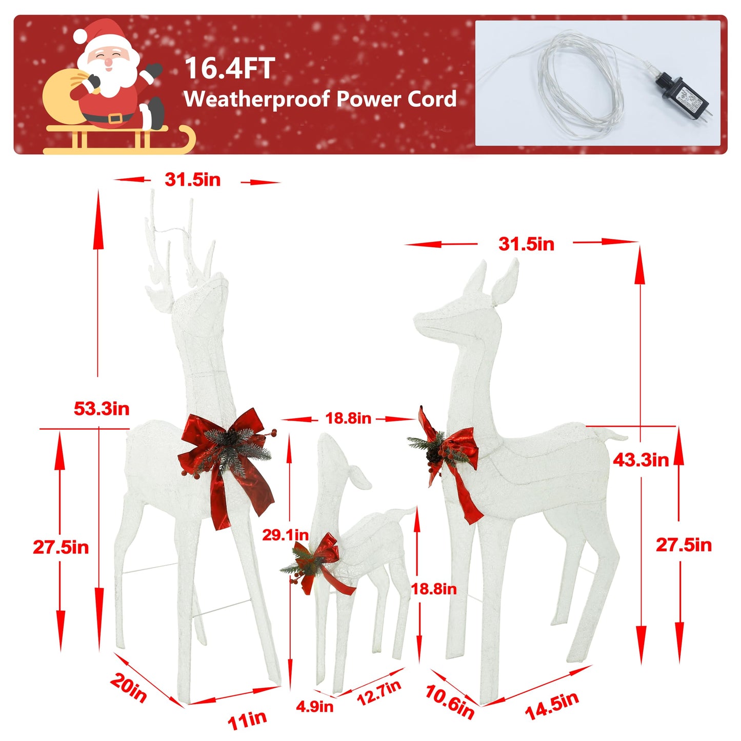 MUPATER Outdoor Christmas Decoration Lighted Deer Family Set Indoor, Christmas Holiday Yard Decor 3-Piece Moose Set for Lawn and Party with Lights, Ground Stakes and Zip Ties, White