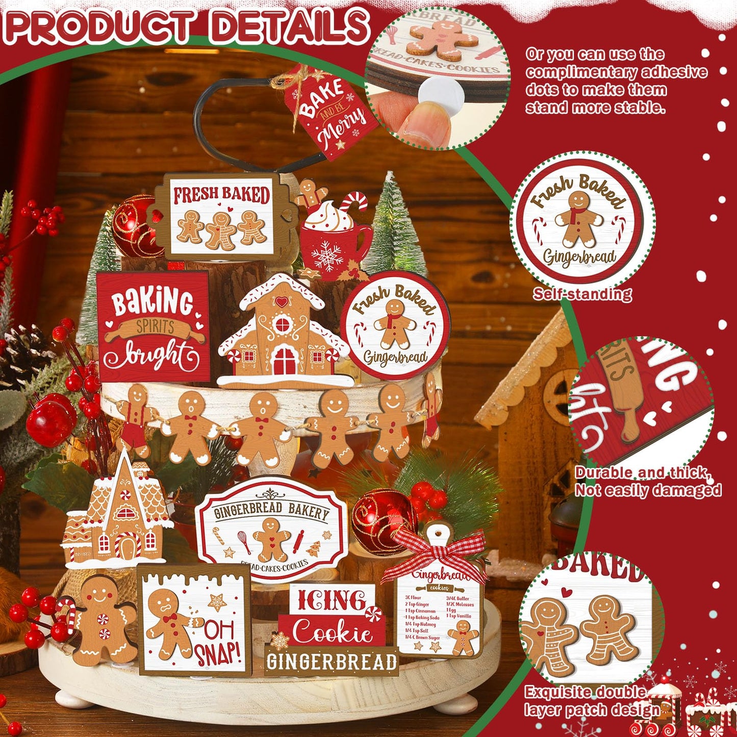 Funnymoom 17 Pcs Christmas Tiered Tray Decor Set Winter Tiered Tray Decorations Farmhouse Tabletop Centerpiece Christmas Wooden 3D Signs for Xmas Home Table Centerpiece Decorations(Gingerbread)