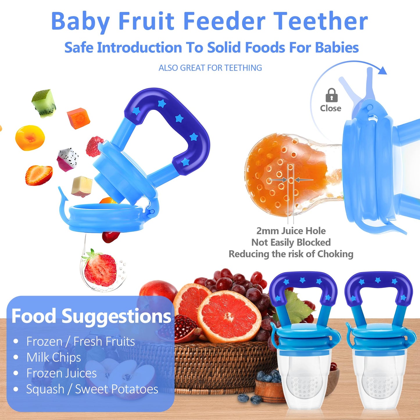 WAJIAYON Baby Fruit Feeder Pacifier | Infant Food Feeder Pacifier & Food Dispensing Spoon | Fresh Fruit Teethers for Babies | Silicone Feeder Baby,Mesh Feeder Shower Gifts for Boys and Girls(Blue)